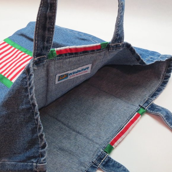 Peppermint Stripe Hand-Crafted Blue Denim Holiday Elf Tote Bag NEW with tags - Picture 4 of 4